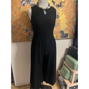 Rare Eileen Fisher Black Ponte Knit Sleeveless Jumpsuit With Pockets Wide Croppe